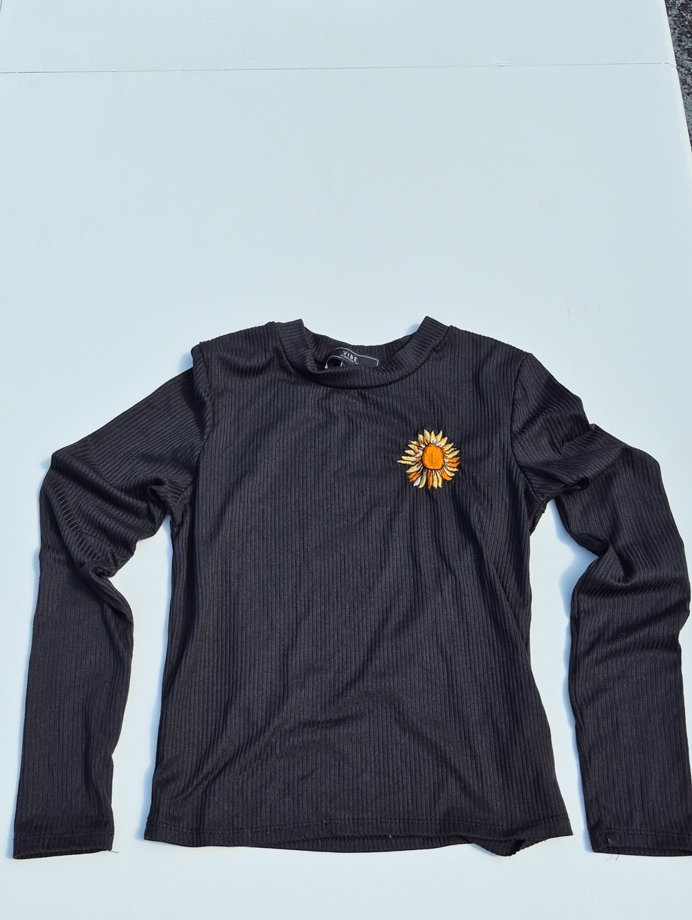 Vibe Black Ribbed Long-Sleeve Tee with Sunflower Patch Size XS
